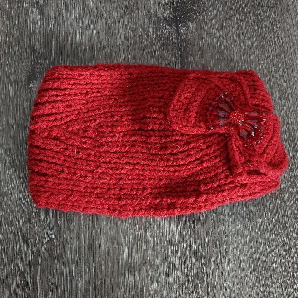 C.C Winter Red Wide Knit Headband Ear Warmer with Button Closure
